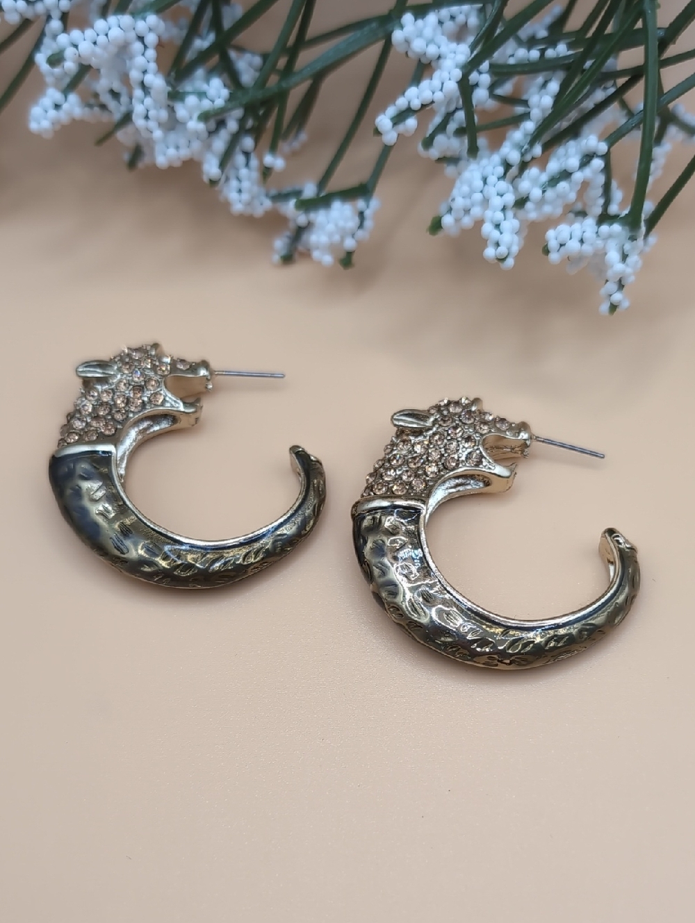 Gold Hammered Pave Leopard Head Hoop Earrings NWT